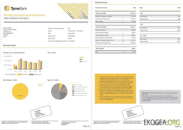 Relevé de compte Tyme Bank en Afrique du Sud Modèle Word et PDF, 2 pages